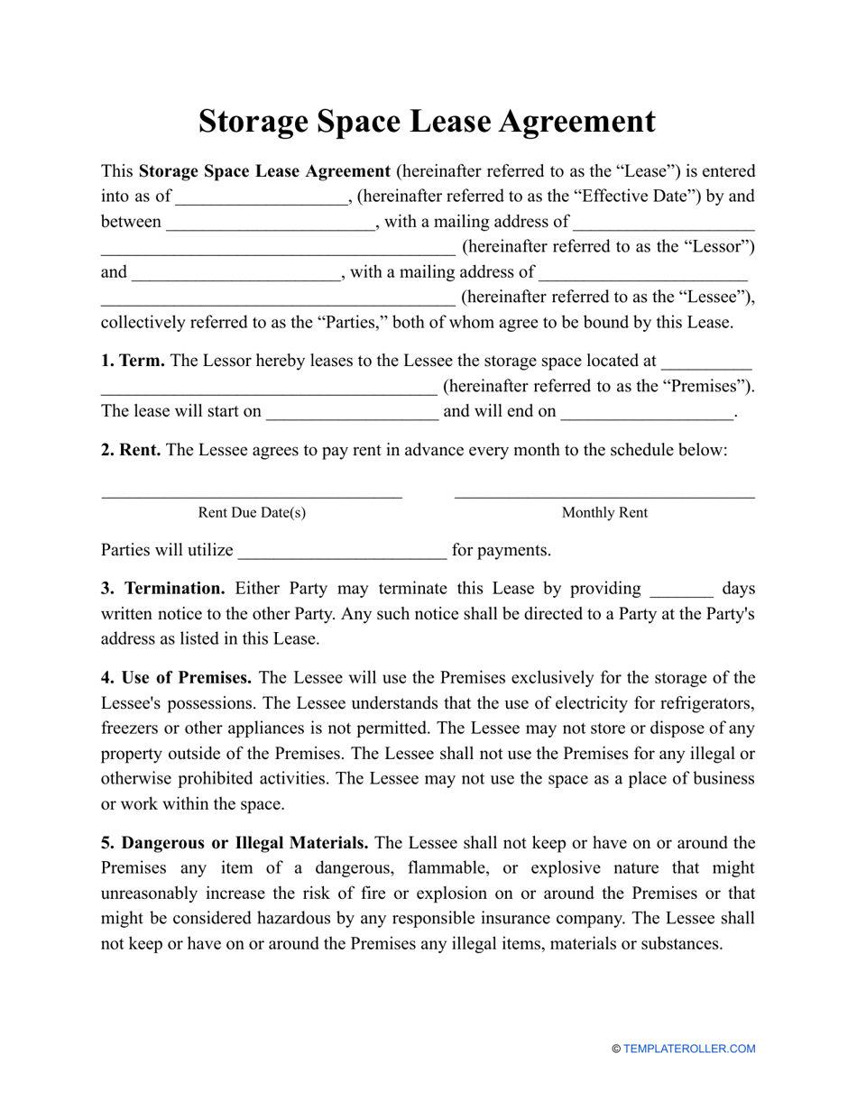 Storage Space Lease Agreement Template Fill Out Sign Online And Download PDF Templateroller