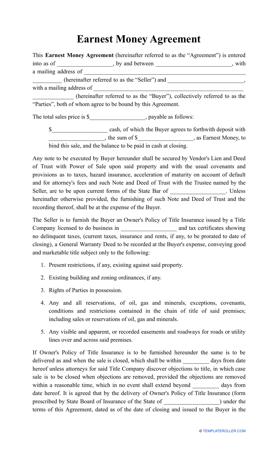 Earnest Money Agreement, Page 1
