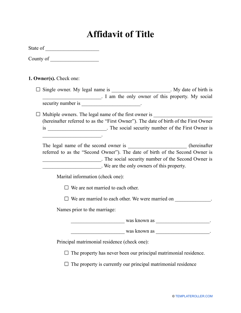 Affidavit of Title Form, Page 1
