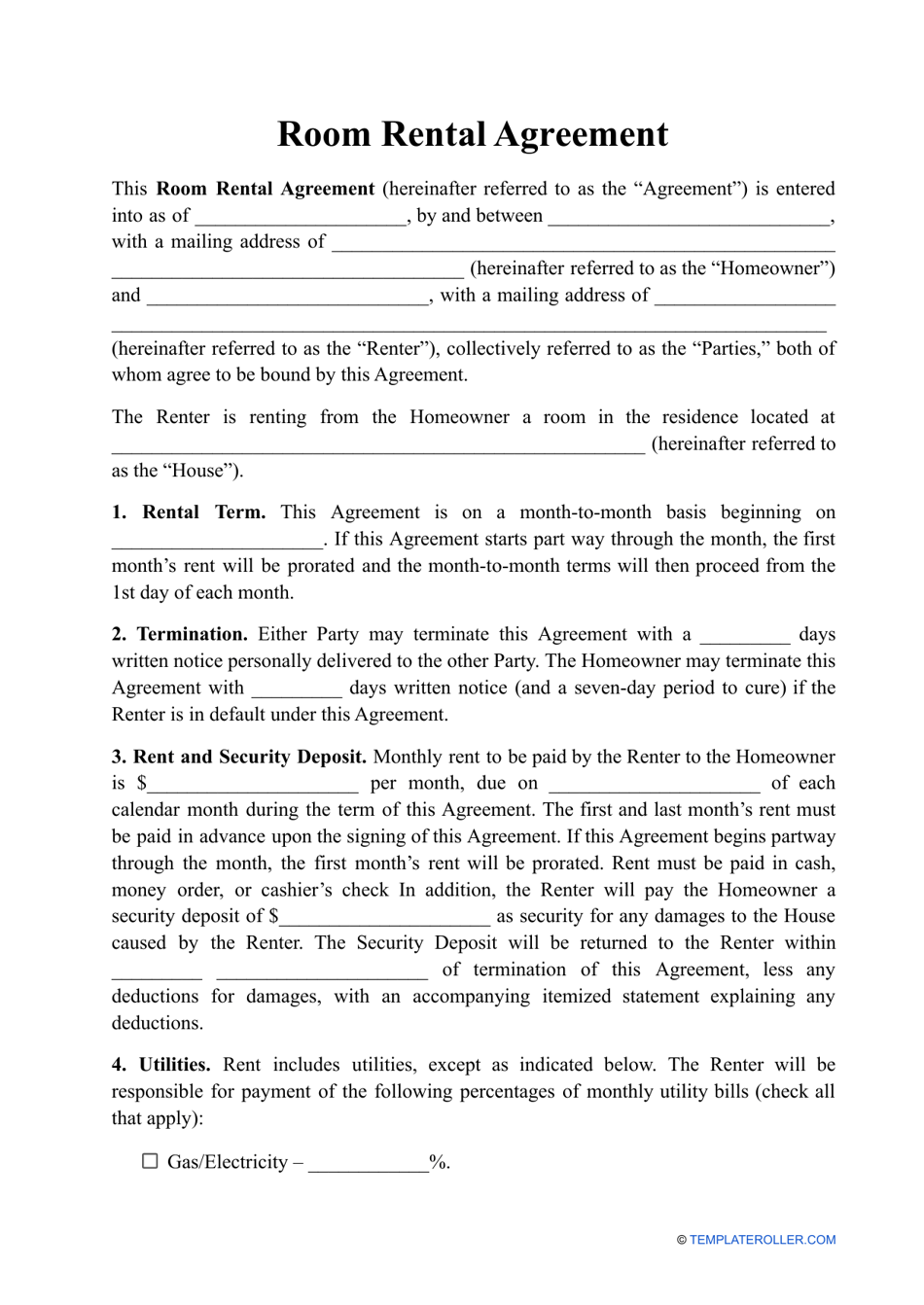 Room Rental Agreement Template - Nine Points, Page 1