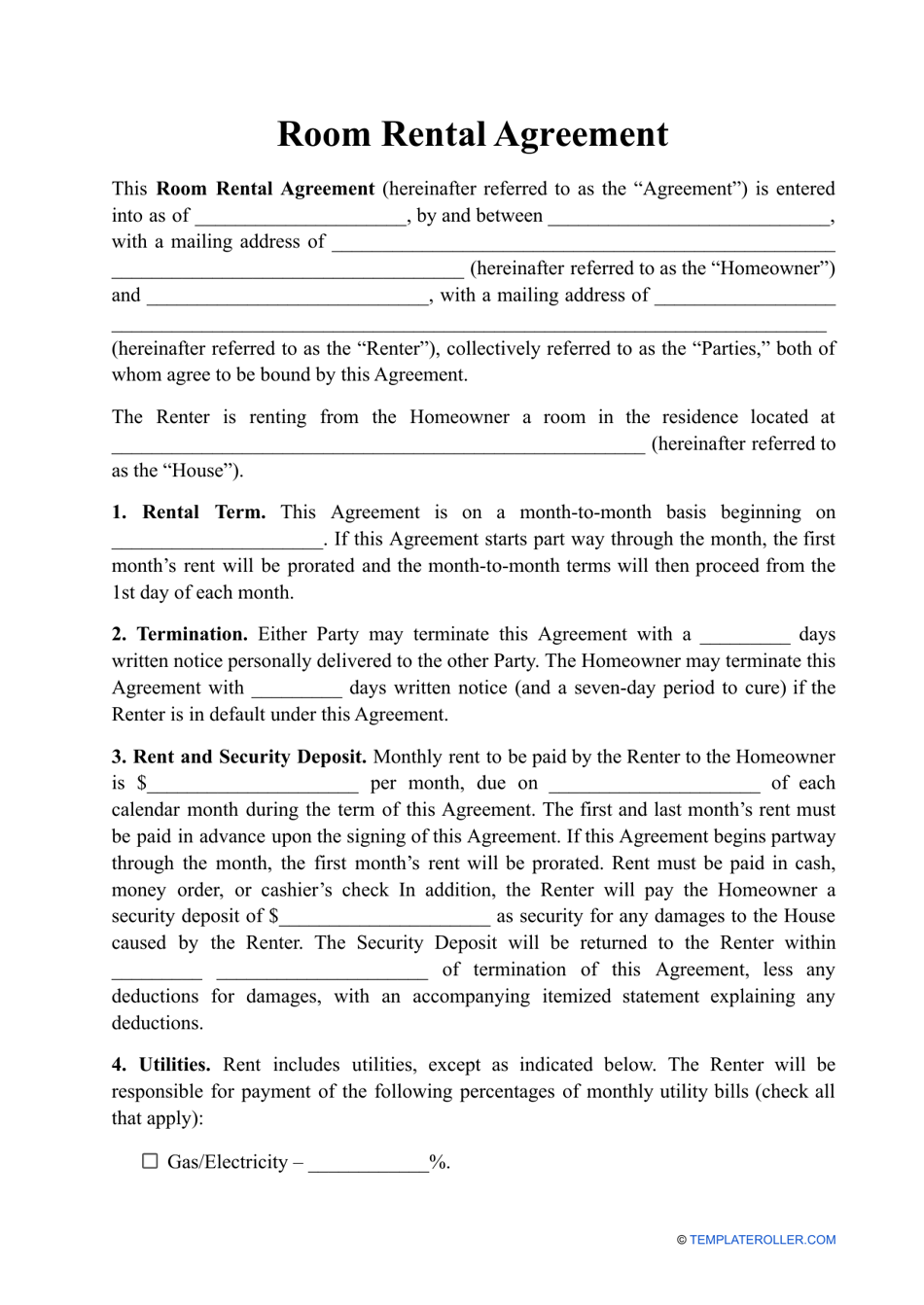 Printable Room Rental Agreement