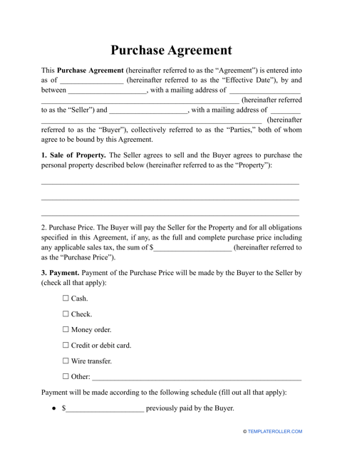 &quot;Purchase Agreement Template&quot; Download Pdf