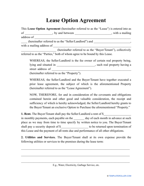 Lease Option Agreement Template Download Pdf