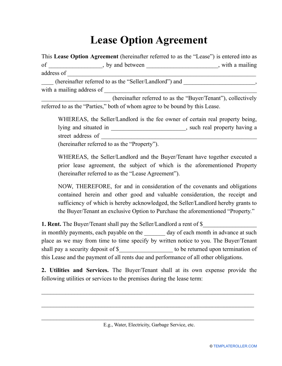 Lease Option Agreement Template, Page 1