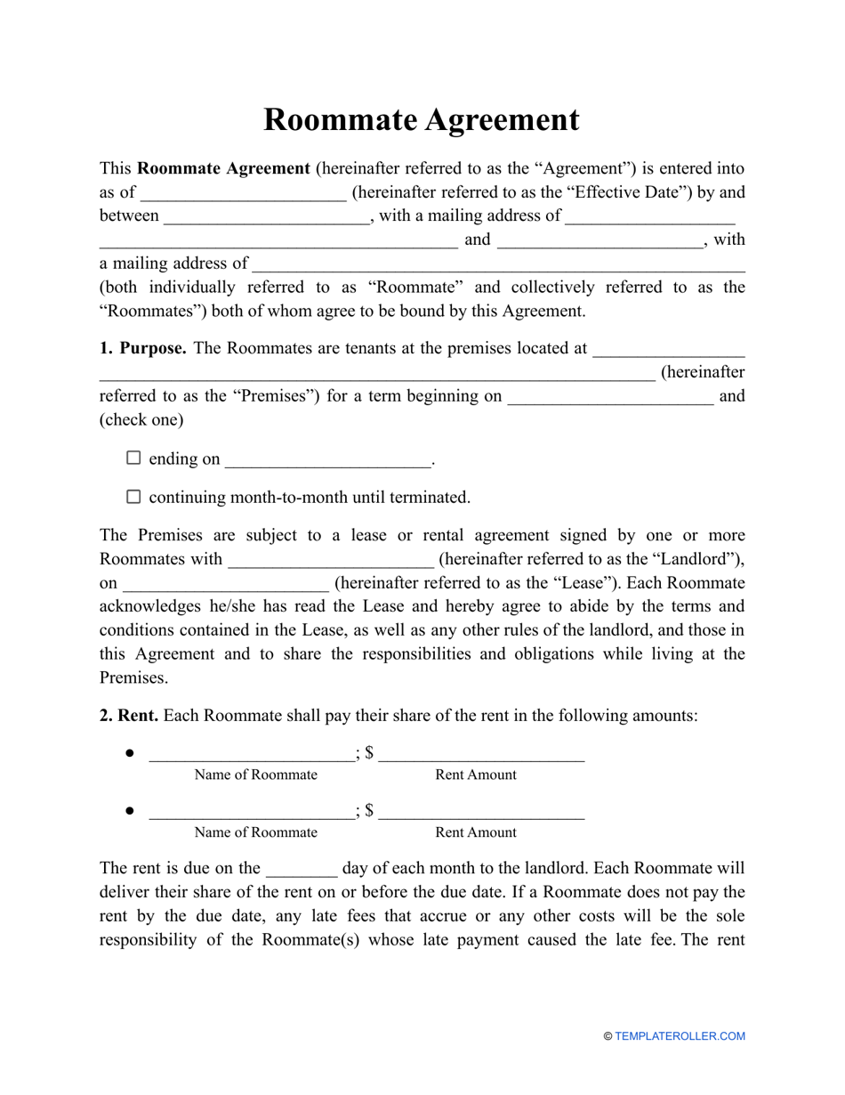 Roommate Agreement Template, Page 1
