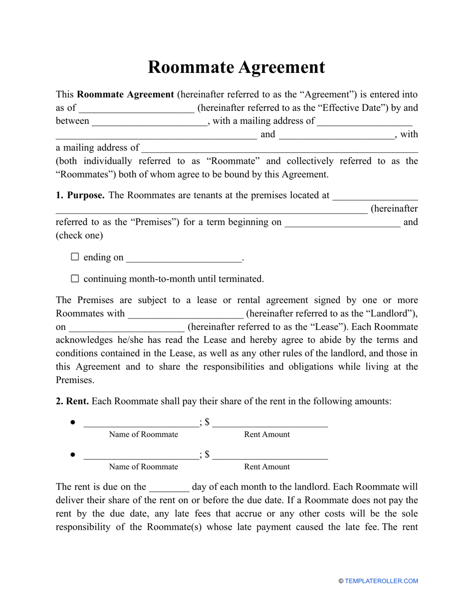 Roommate Agreement Template Download Printable PDF  Templateroller