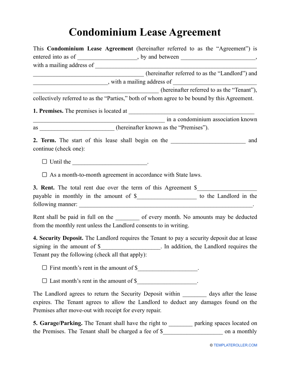 Condominium Lease Agreement Template - Fill Out, Sign Online and ...