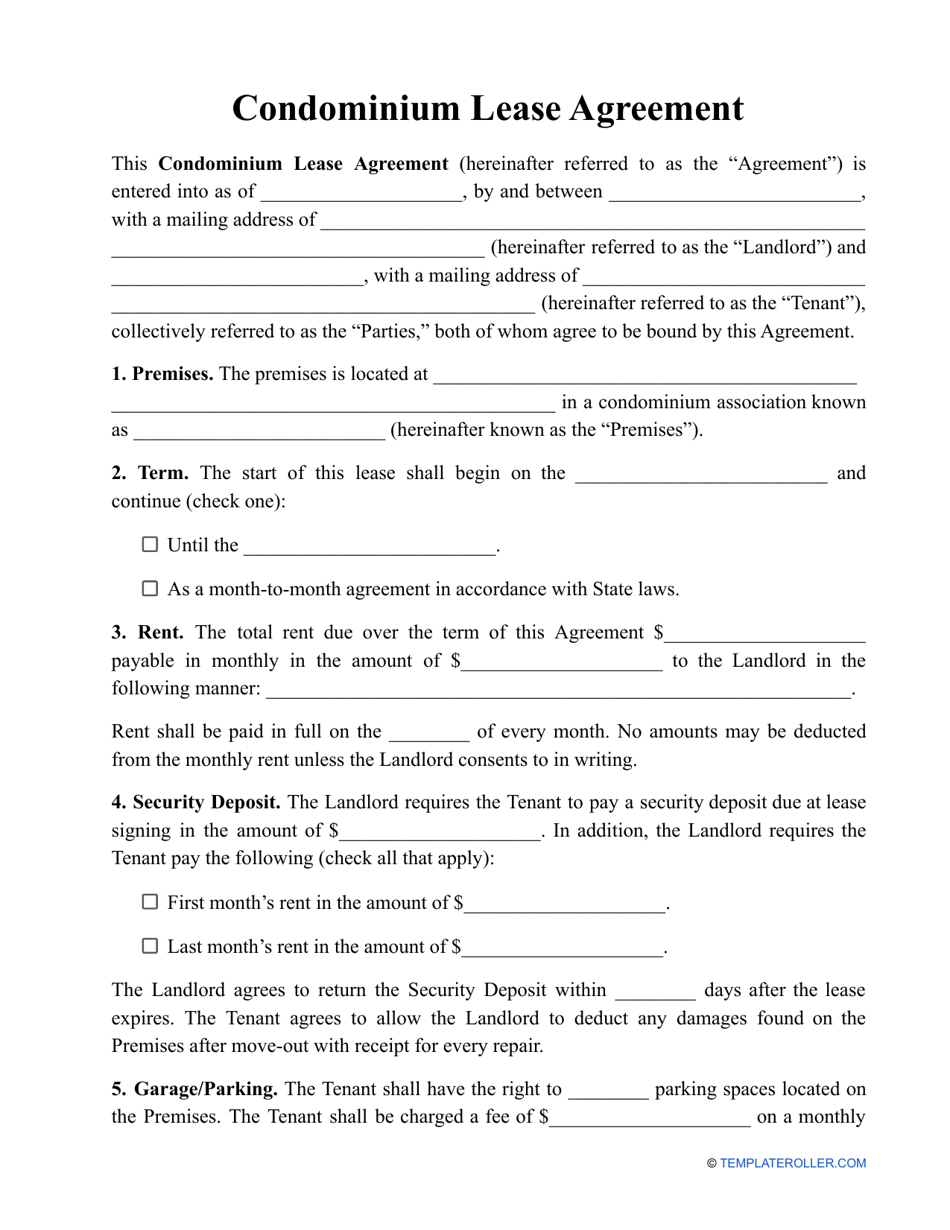 Condominium Lease Agreement Template, Page 1