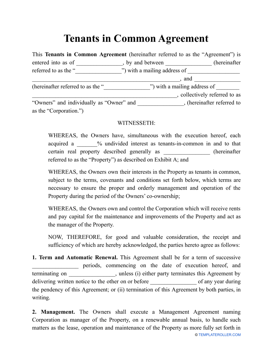 Tenants in Common Agreement Template, Page 1