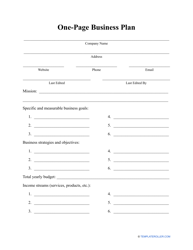 Document preview: One-Page Business Plan Template