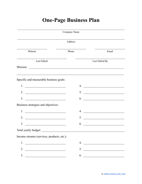 "One-Page Business Plan Template" Download Pdf
