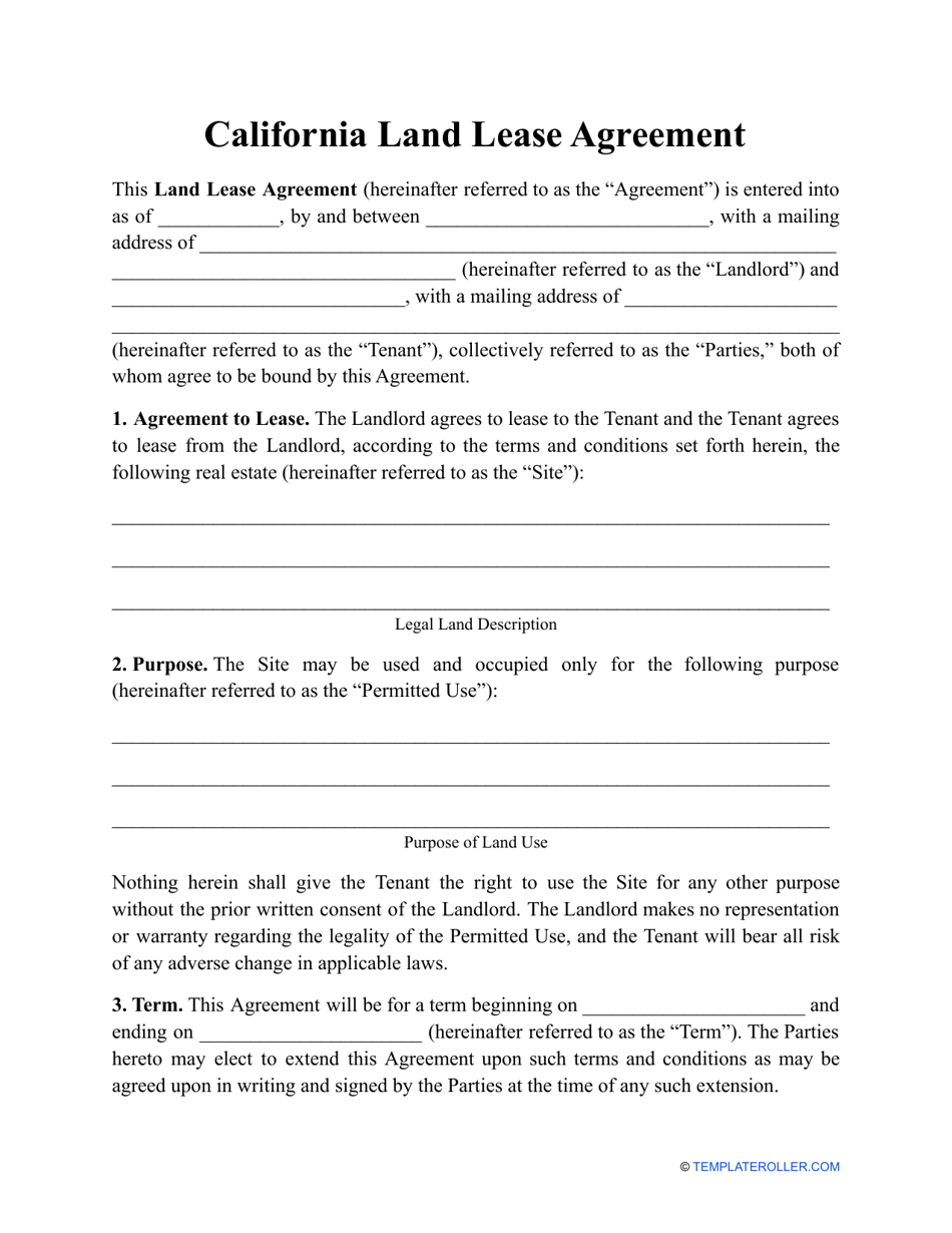 California Land Lease Agreement Template Download Printable PDF