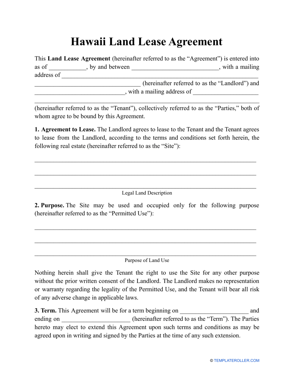 Land Lease Agreement Template - Hawaii, Page 1