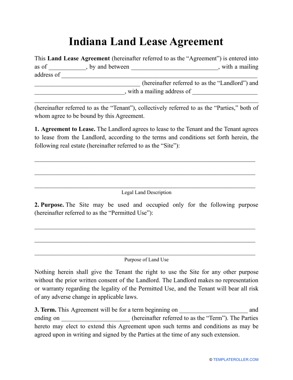 Land Lease Agreement Template - Indiana, Page 1