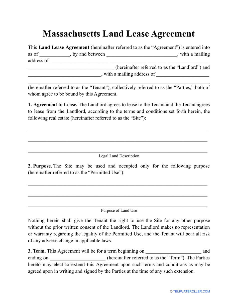 Land Lease Agreement Template - Massachusetts, Page 1