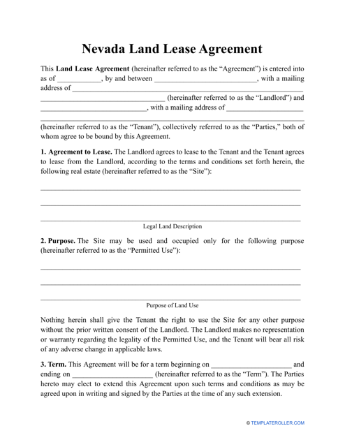 &quot;Land Lease Agreement Template&quot; - Nevada Download Pdf