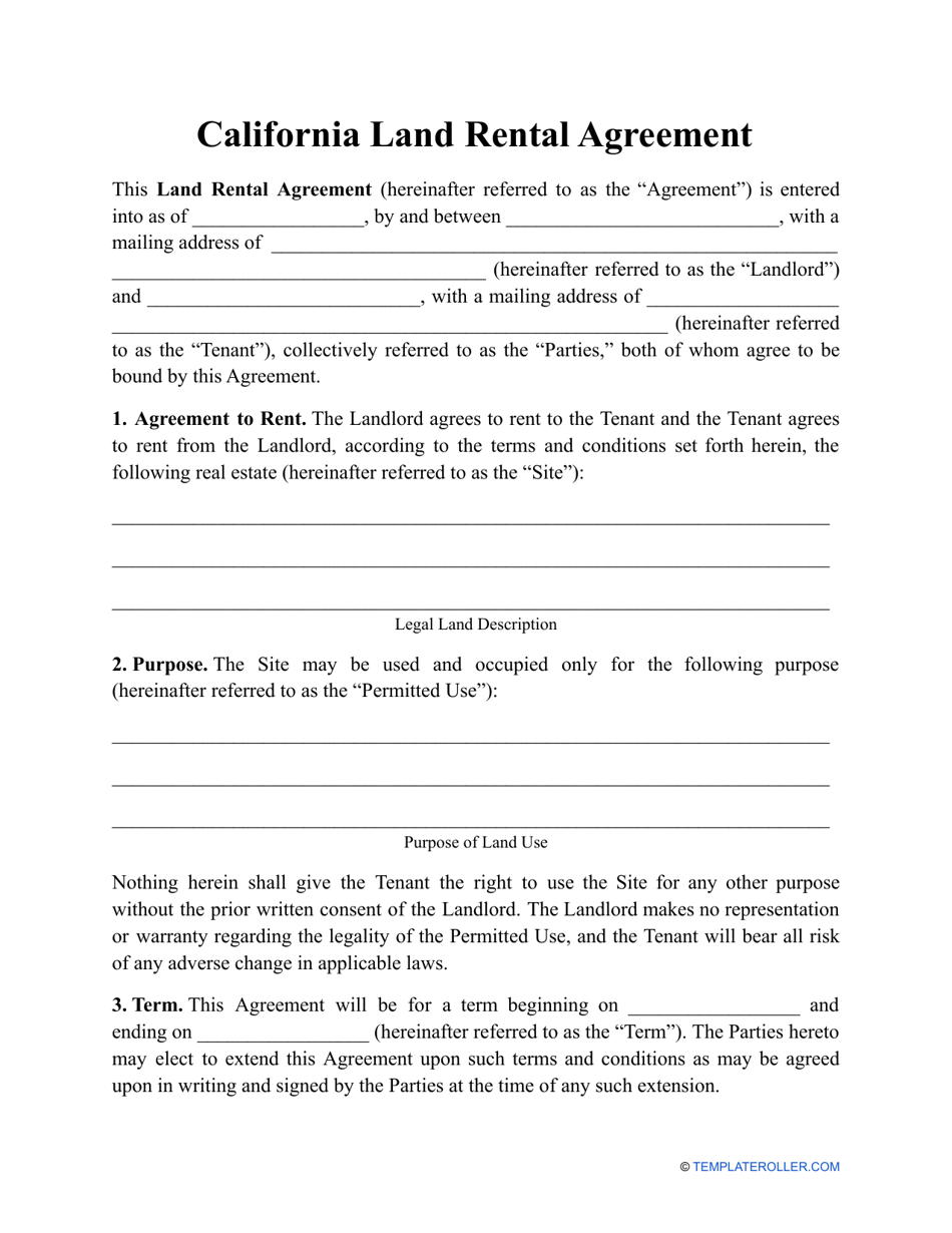 Land Rental Agreement Template - California, Page 1