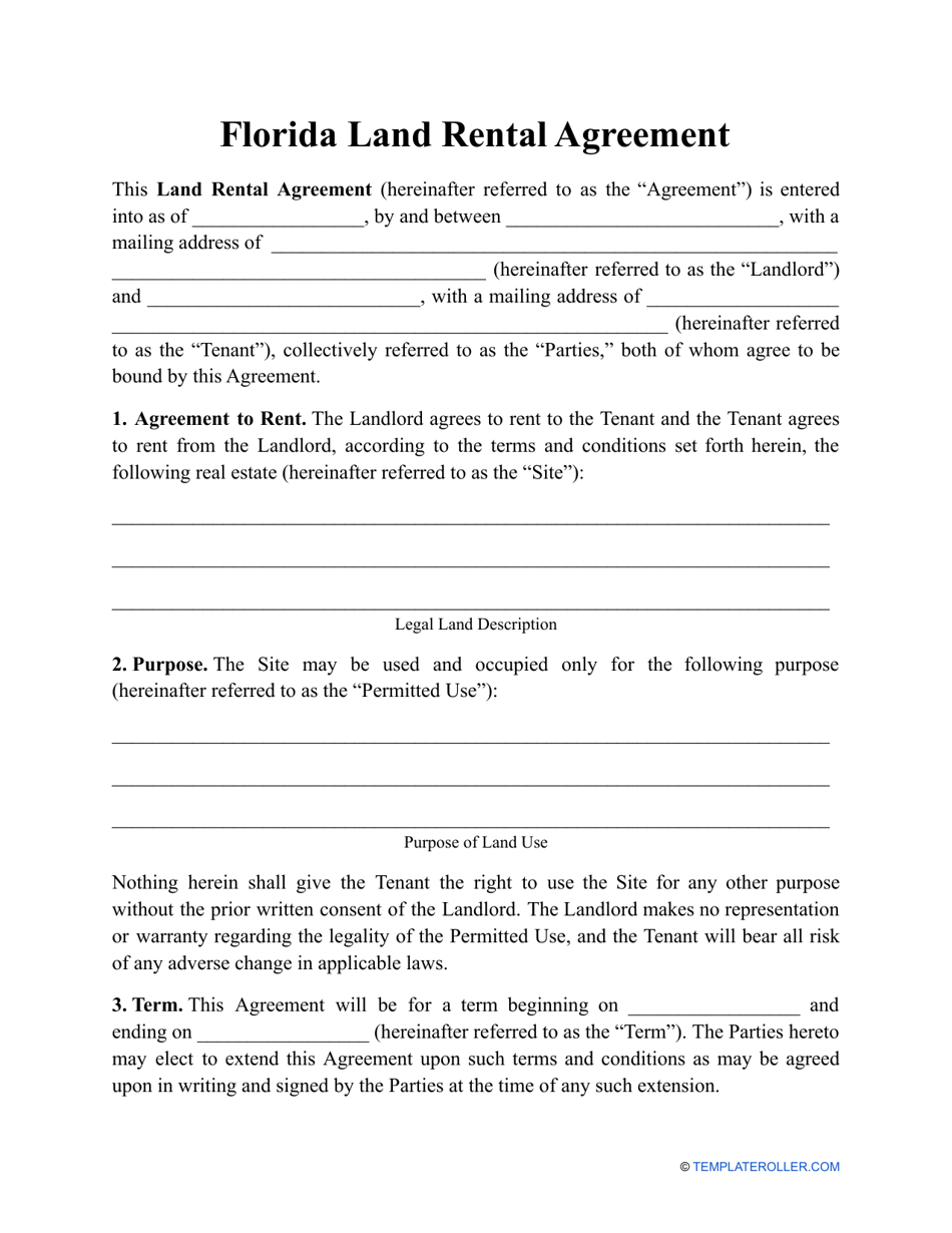 Land Rental Agreement Template - Florida, Page 1