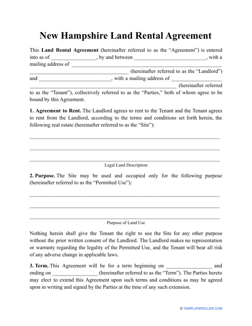Land Rental Agreement Template - New Hampshire Download Pdf
