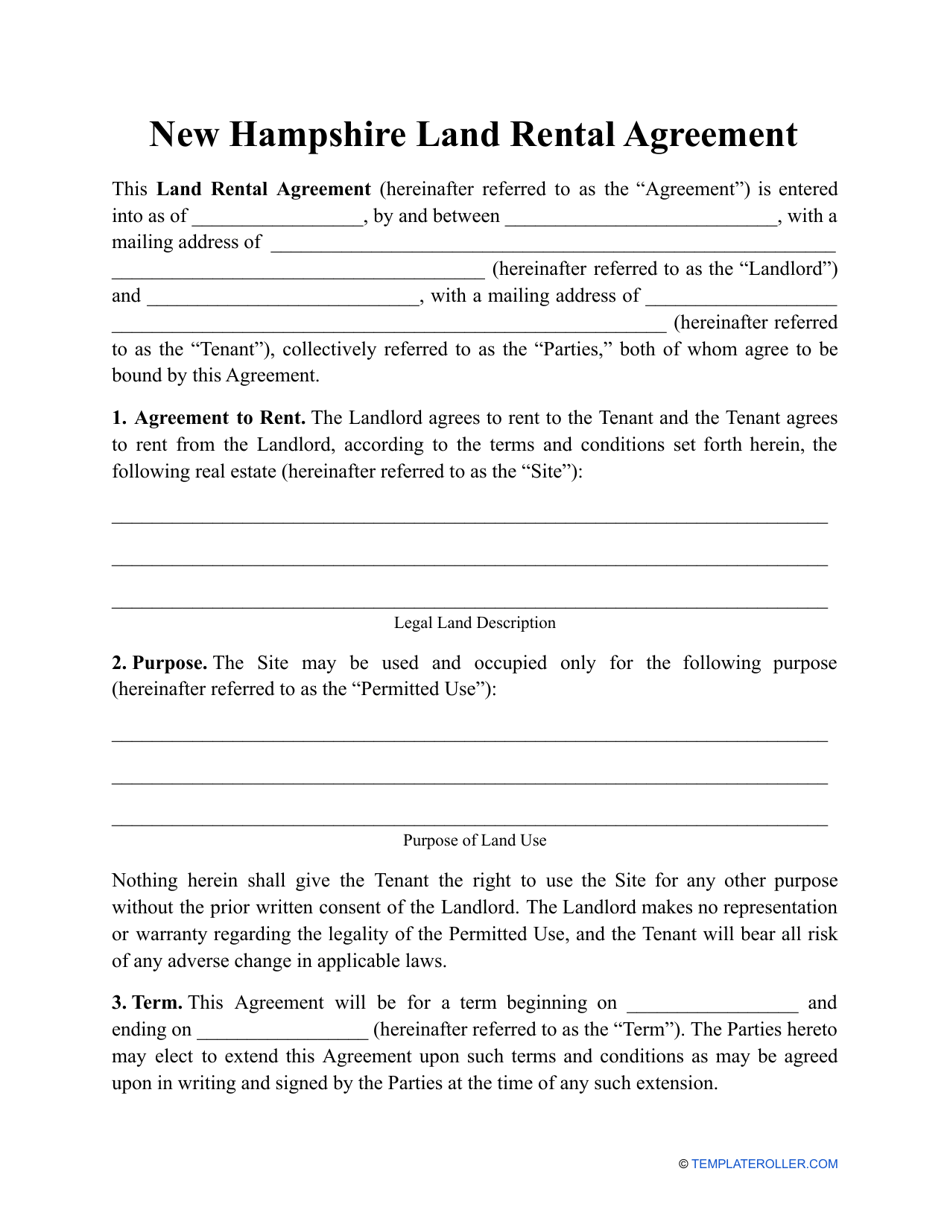 Land Rental Agreement Template - New Hampshire, Page 1