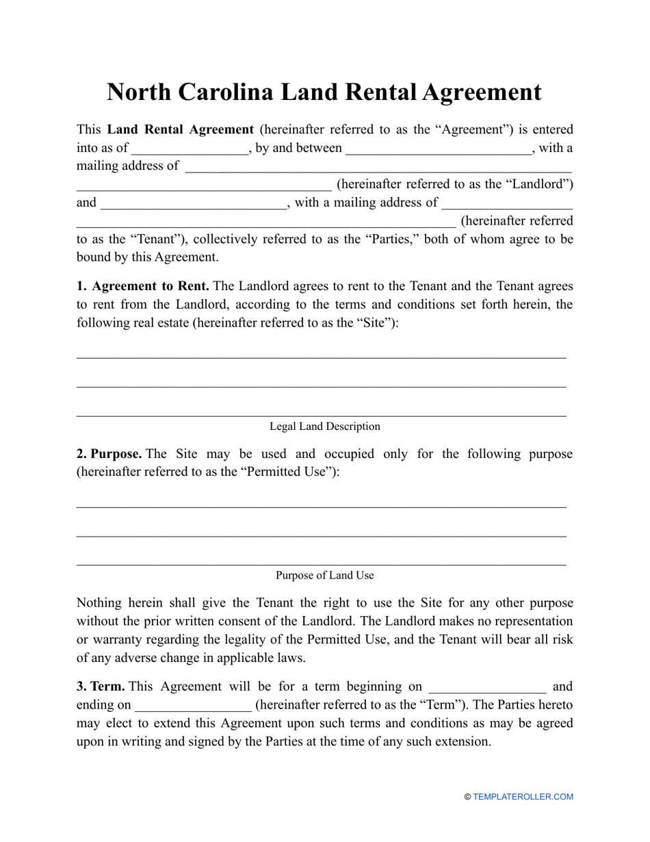 north carolina land rental agreement template download printable pdf templateroller