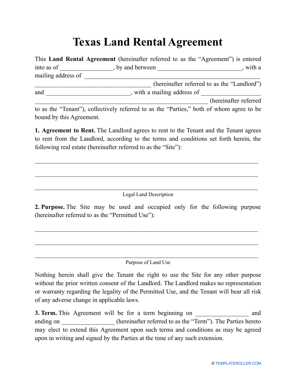 Land Rental Agreement Template - Texas, Page 1