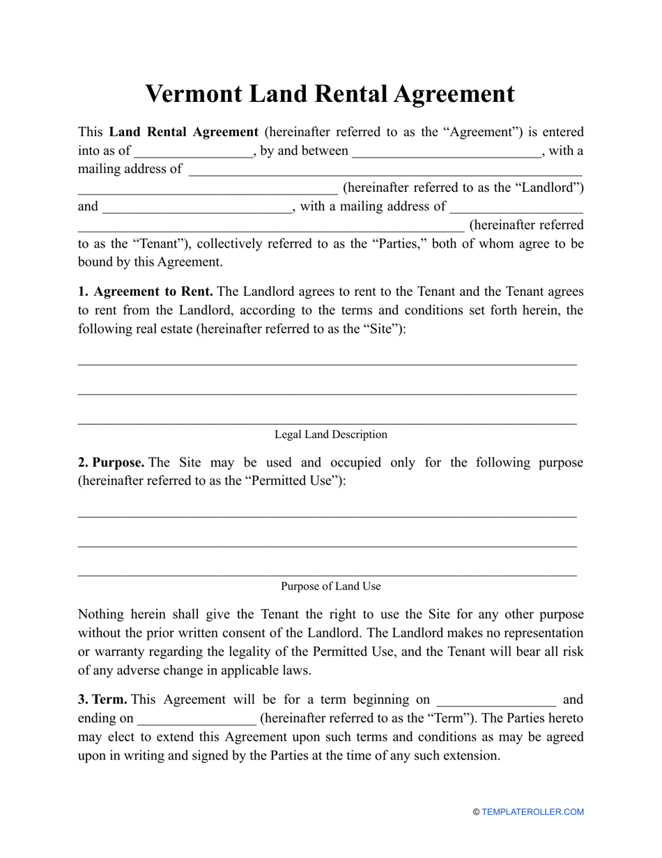 Land Rental Agreement Template - Vermont, Page 1