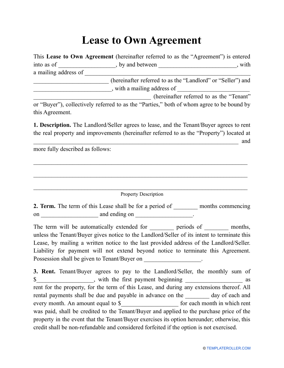 Lease to Own Agreement Template Fill Out, Sign Online and Download