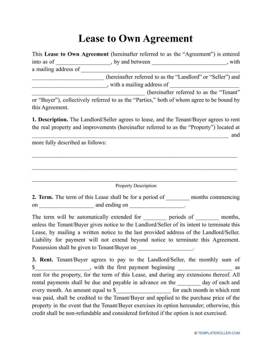 Lease to Own Agreement Template - Fill Out, Sign Online and Download PDF | Templateroller