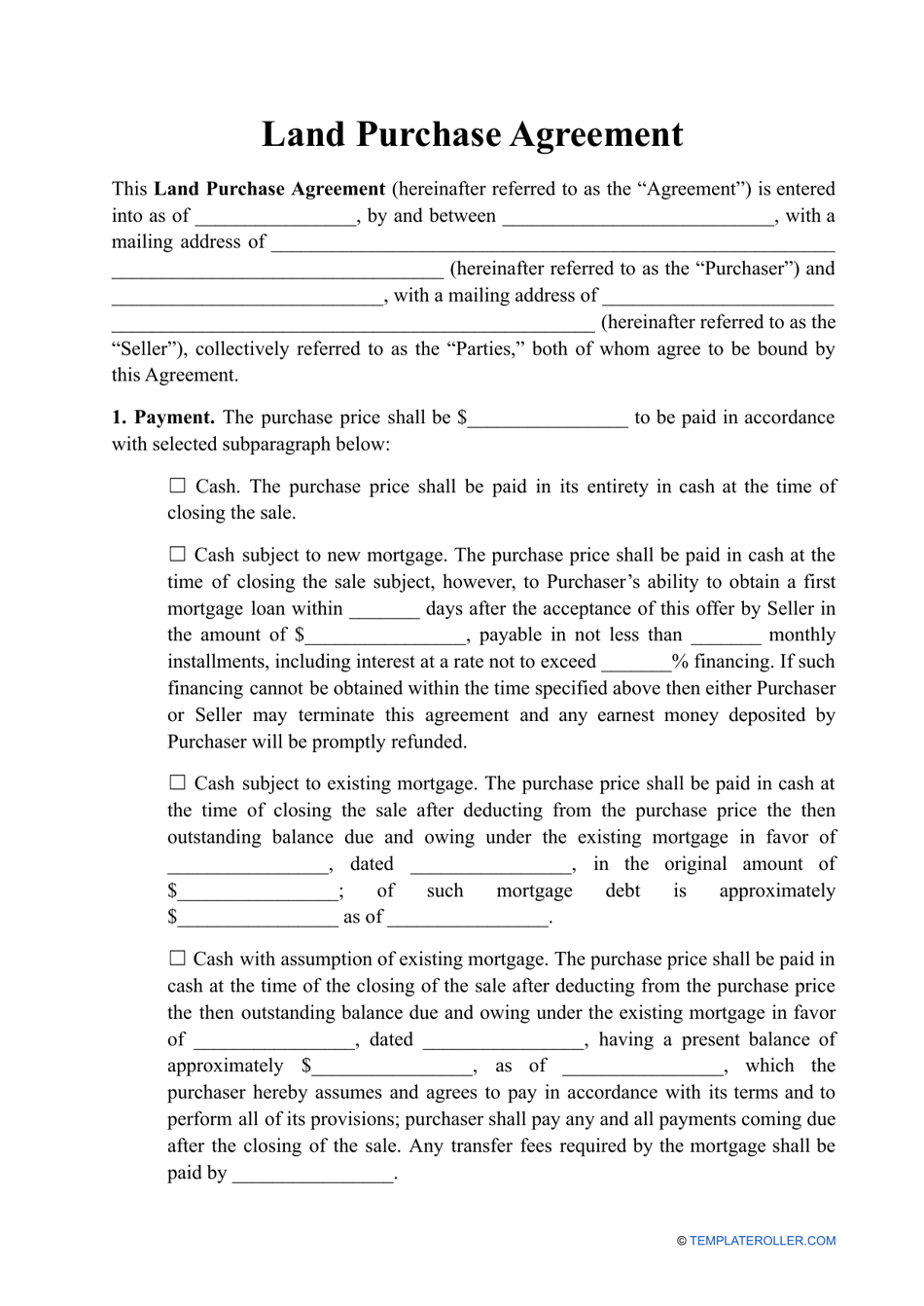 Land Purchase Agreement Template, Page 1