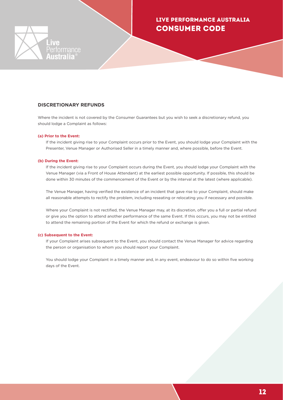 Ticketing Code of Practice - Live Performance Australia, Page 12