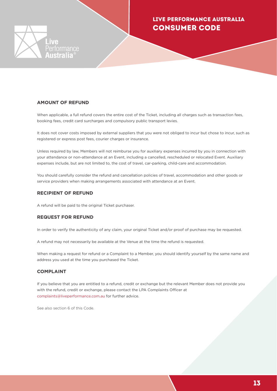 Ticketing Code of Practice - Live Performance Australia, Page 13