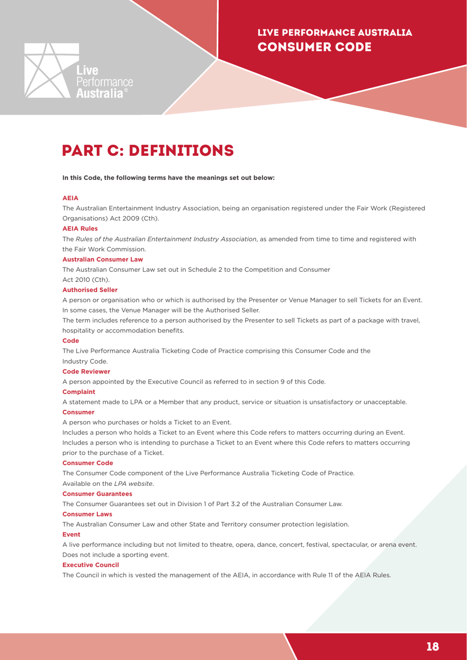 Ticketing Code of Practice - Live Performance Australia, Page 18