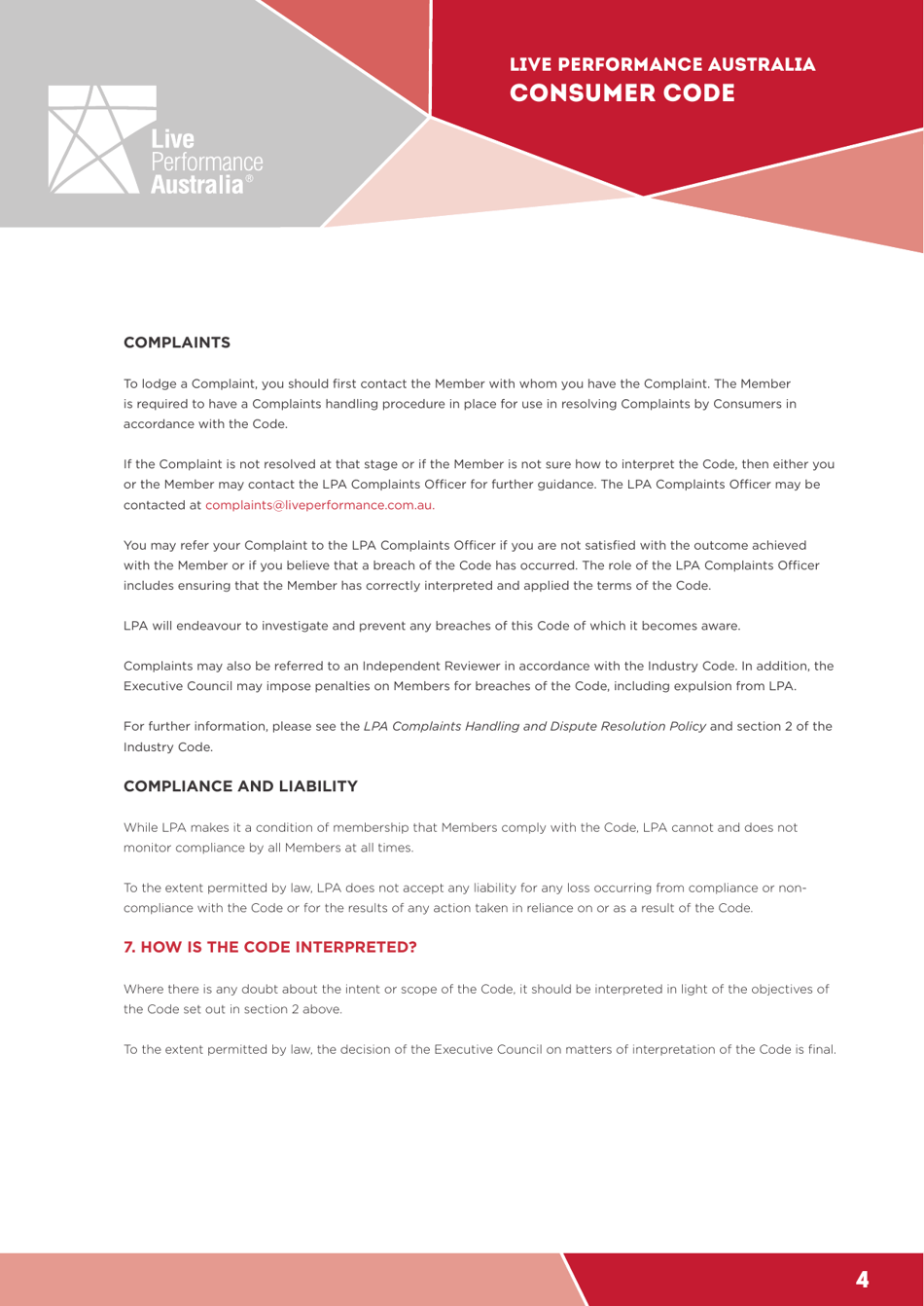 Ticketing Code of Practice - Live Performance Australia, Page 4