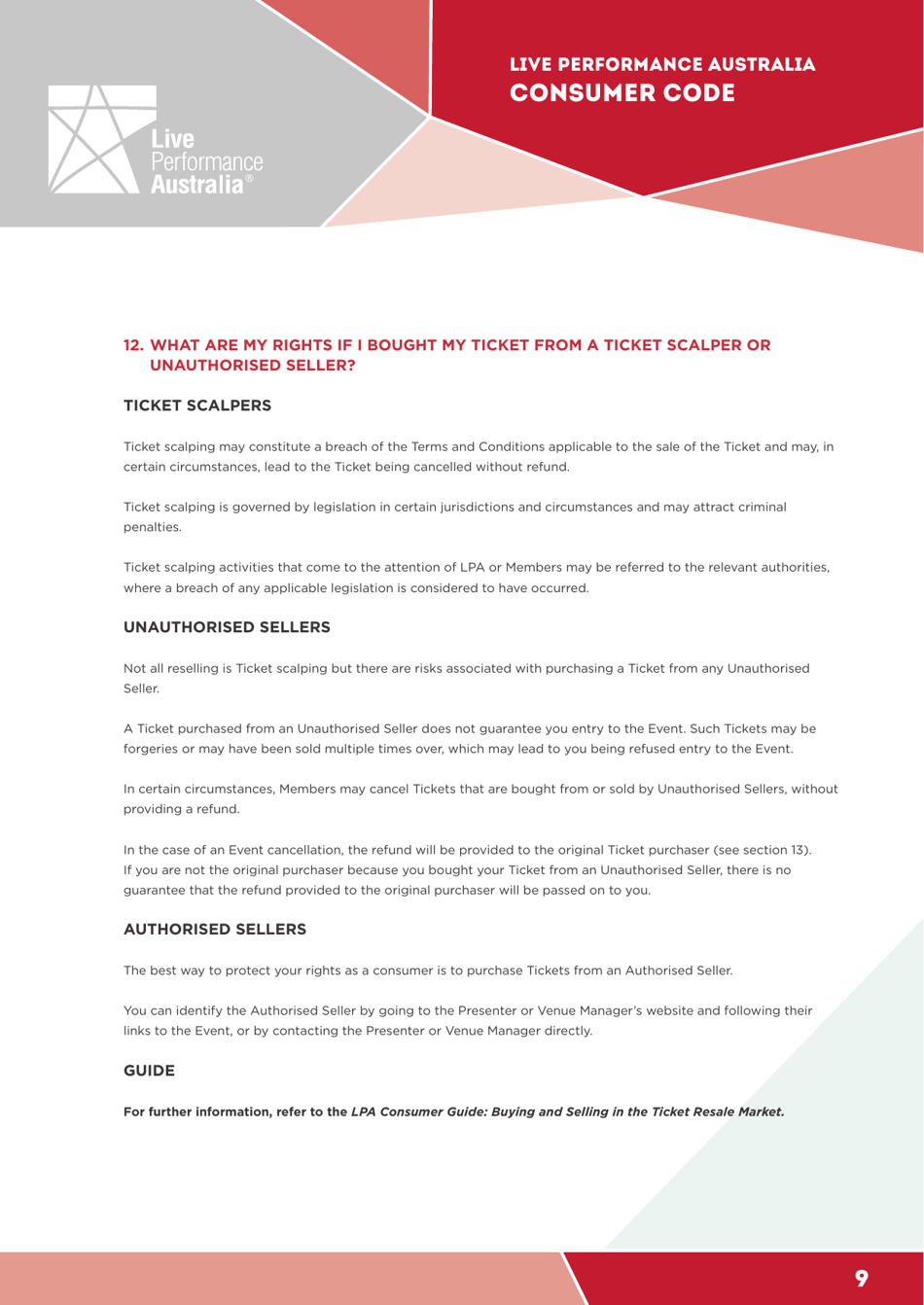 Ticketing Code of Practice - Live Performance Australia, Page 9