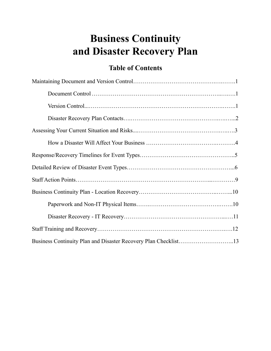 Business Continuity and Disaster Recovery Plan Template Fill Out