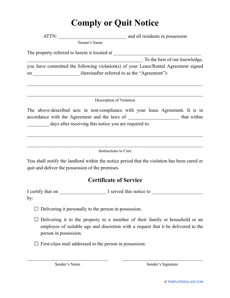 comply or quit notice template download printable pdf templateroller