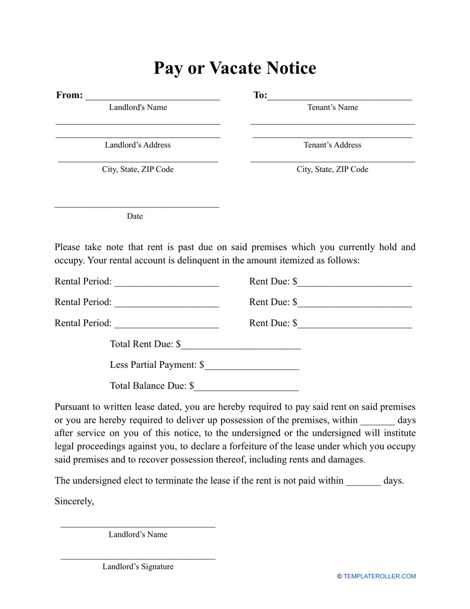 Pay or Vacate Notice Template - Fill Out, Sign Online and Download PDF ...