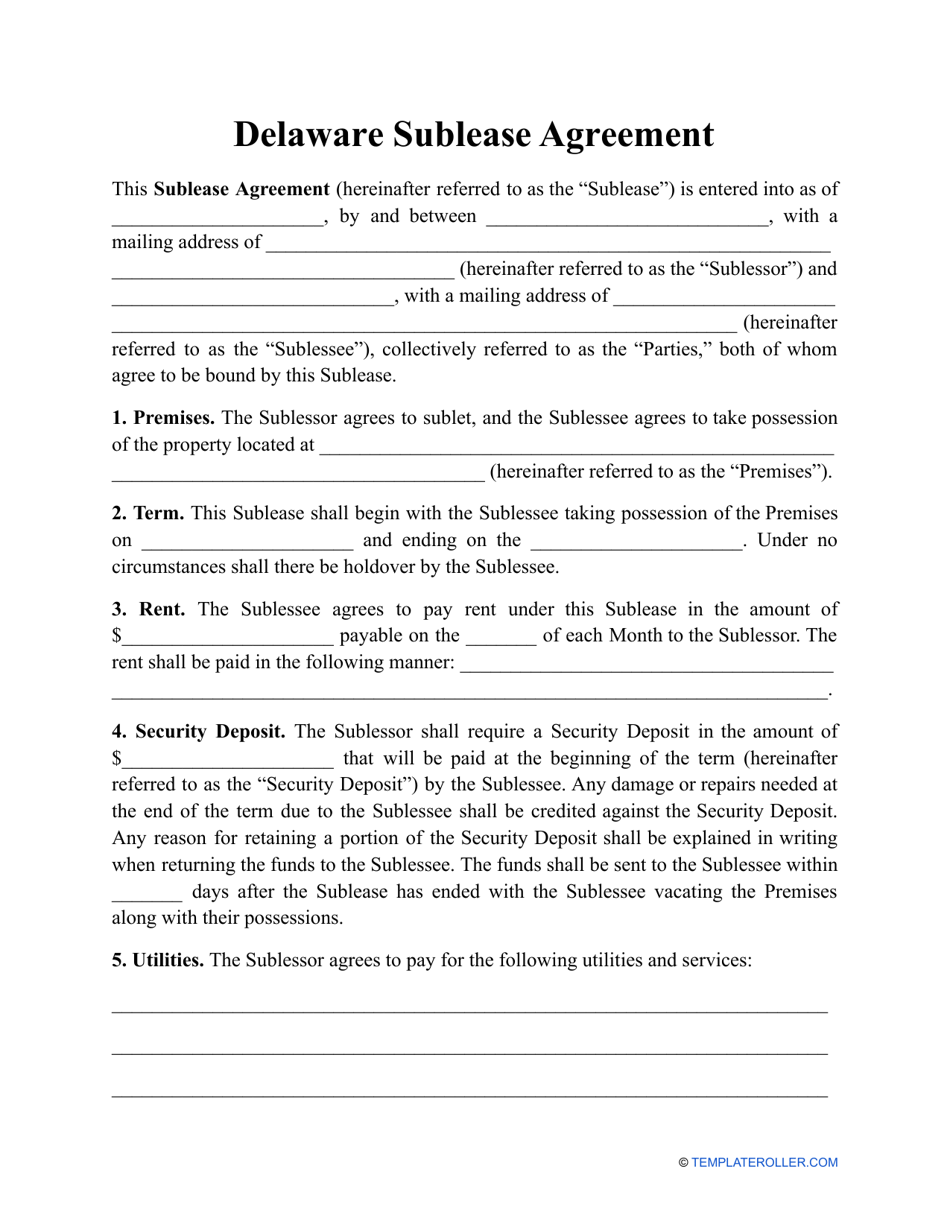 Sublease Agreement Template - Delaware, Page 1