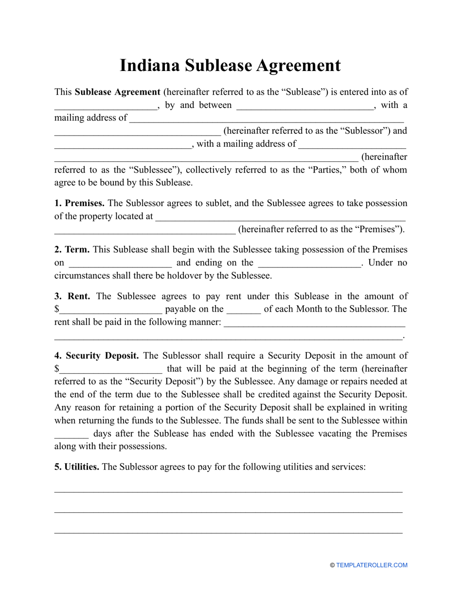 Indiana Sublease Agreement Template Download Printable PDF Templateroller