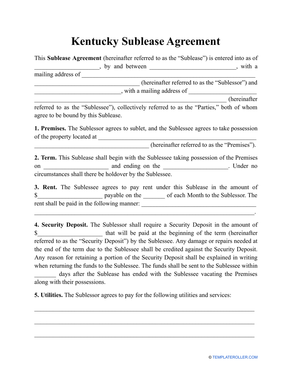 Sublease Agreement Template - Kentucky, Page 1