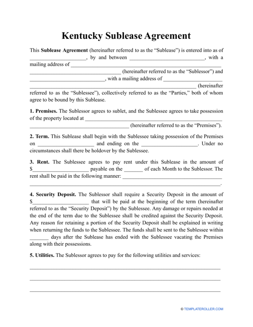 Sublease Agreement Template - Kentucky Download Pdf