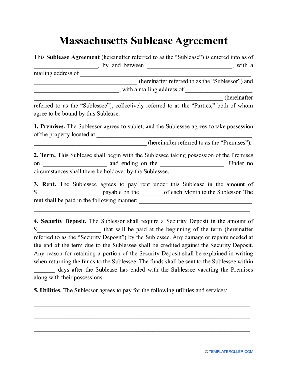 Sublease Agreement Template - Massachusetts, Page 1