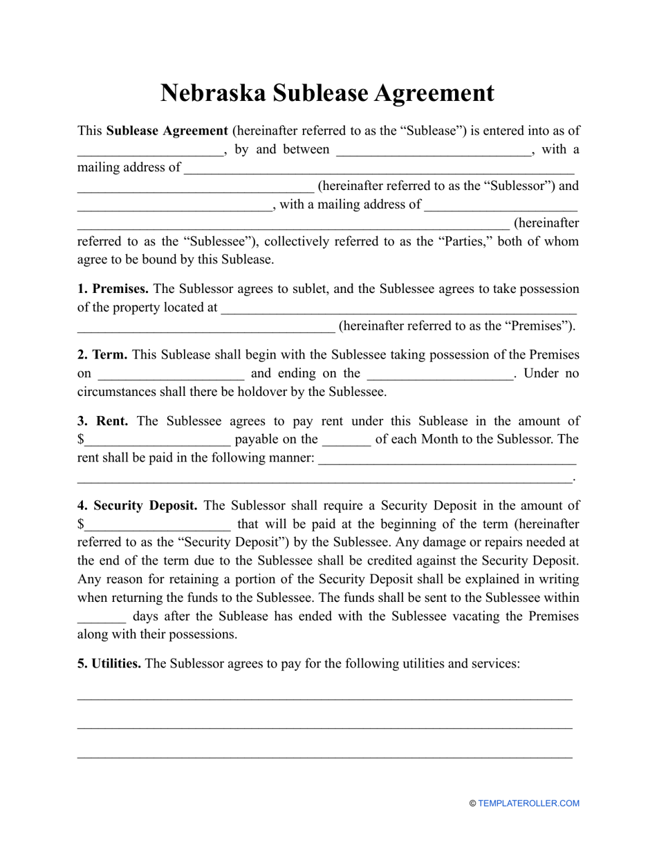 Sublease Agreement Template - Nebraska, Page 1