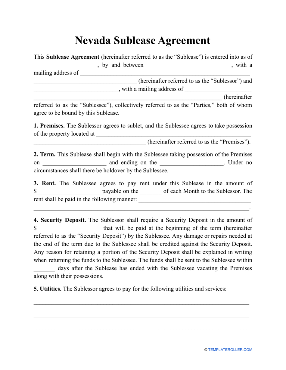 Sublease Agreement Template - Nevada, Page 1