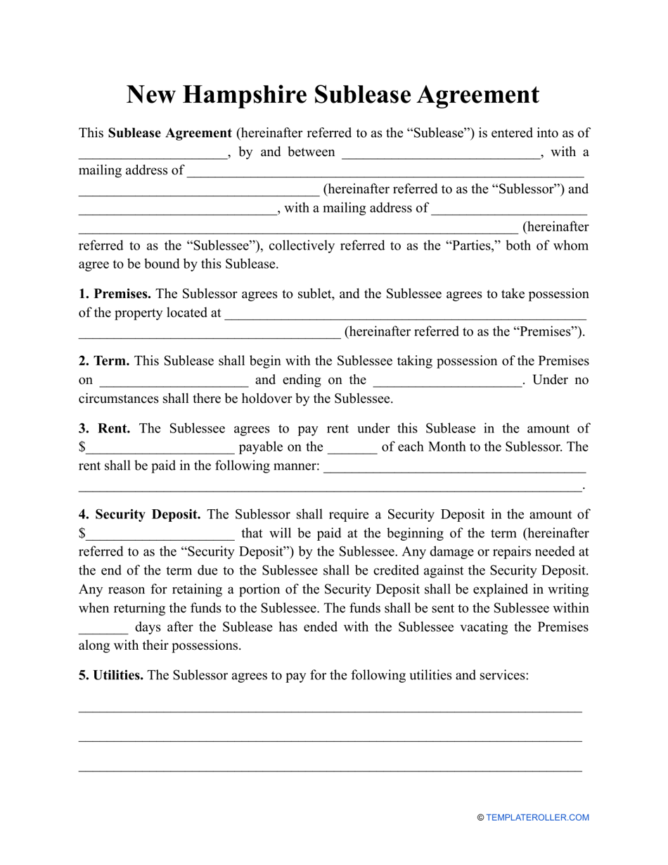 Sublease Agreement Template - New Hampshire, Page 1