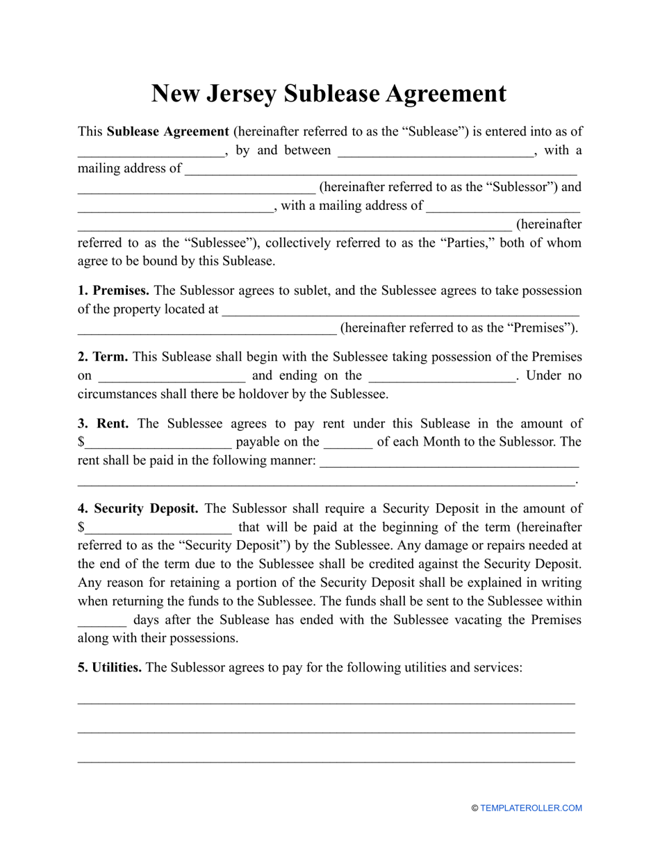Sublease Agreement Template - New Jersey, Page 1
