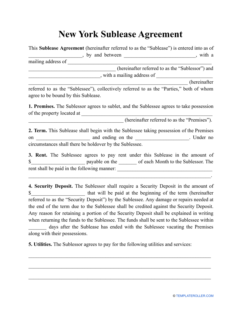 Sublease Agreement Template - New York, Page 1