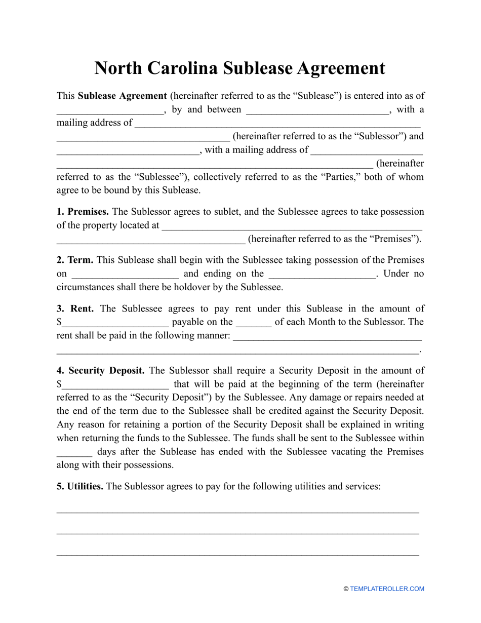 Sublease Agreement Template - North Carolina, Page 1