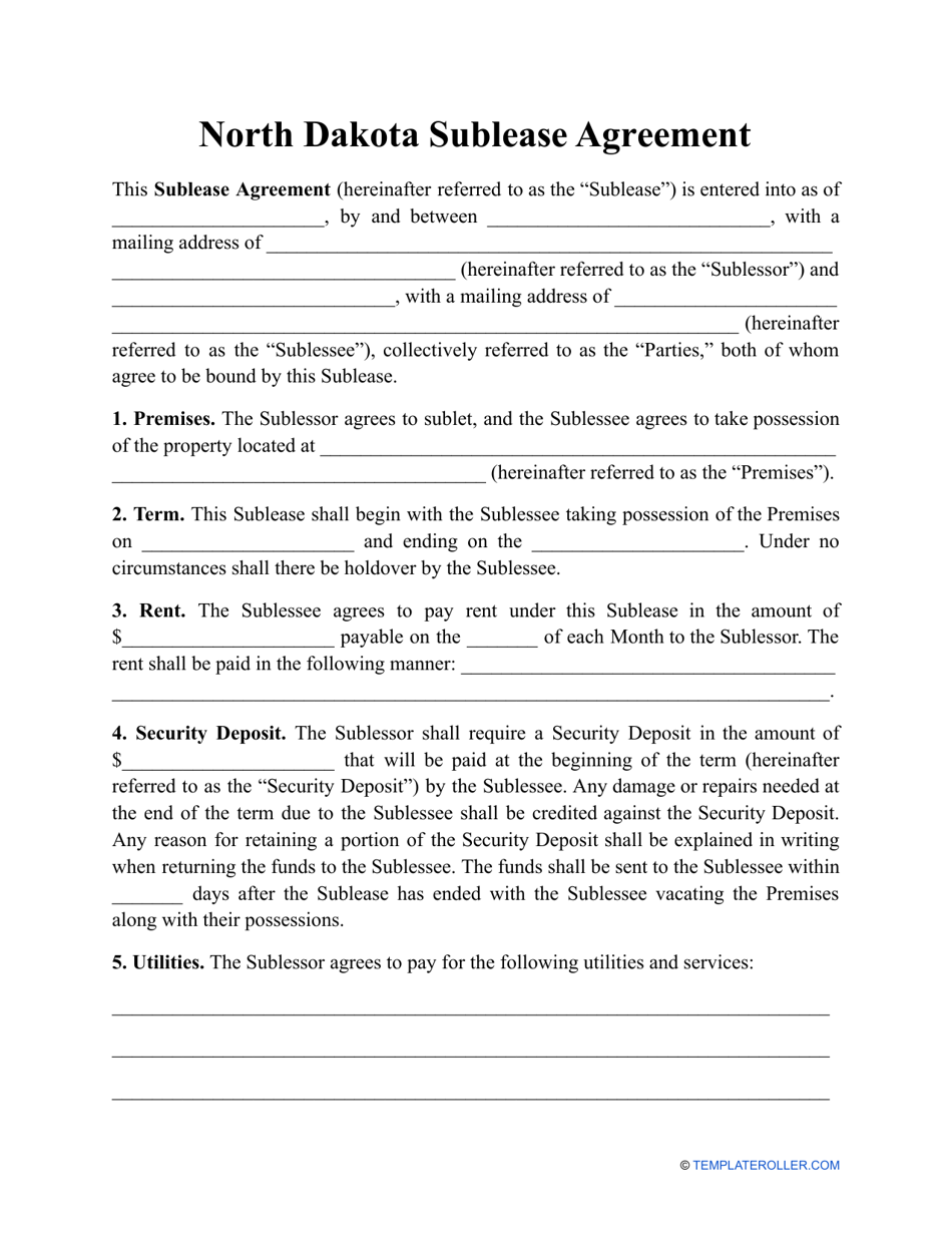 Sublease Agreement Template - North Dakota, Page 1